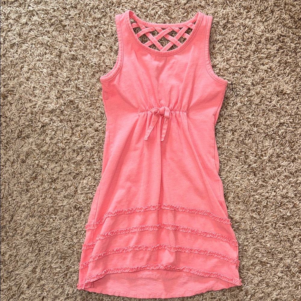 5/6 girls sleeveless pink dress with crisscross straps at back.